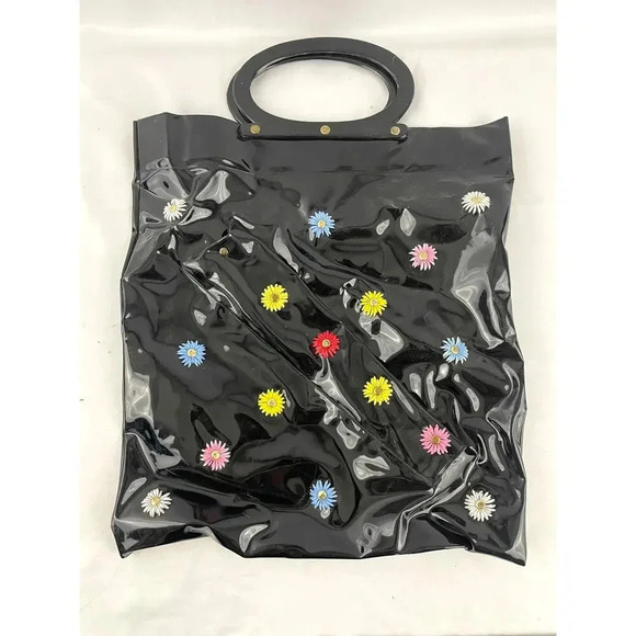 VTG Black Vinyl Daisy 3D Tote Bag Purse 14"x15" Retro Textured Round Handles - Picture 11 of 15